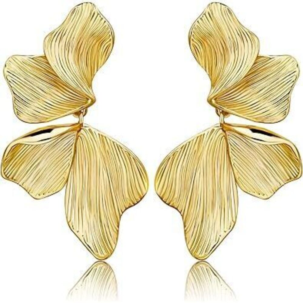 Gold Statement Earrings For Women 18K Gold Plated Sectored Flower Leaf Shell